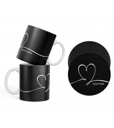 Κεραμική κούπα και σουβέρ στρογγυλό, καουτσούκ ή δερματίνη, δώρο για ερωτευμένους "Love line black", με δυνατότητα προσθήκης ονόματος