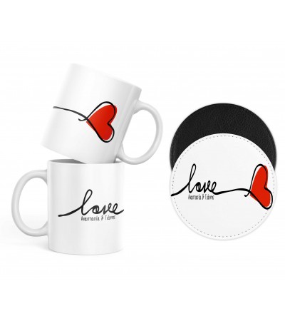 Κεραμική κούπα και σουβέρ στρογγυλό, καουτσούκ ή δερματίνη, δώρο για ερωτευμένους "Love balloon", με δυνατότητα προσθήκης ονόματος